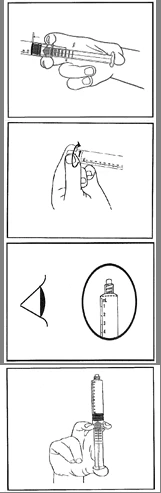Four illustrations showing instructions for using a syringe: holding the device, removing the safety cap, checking the dose, and preparing for drug administration