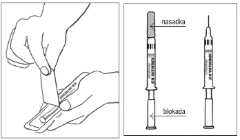 Disegno che mostra una mano che estrae l'adrenalina dalla confezione e due schemi della siringa con evidenziata la punta e il blocco