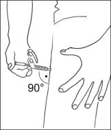 Una mano tiene la siringa a un angolo di 90 gradi, inserendo l'ago nella coscia, mentre l'altra mano poggia sull'anca vicino al sito di iniezione