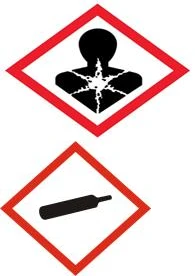 Due rombi rossi su sfondo bianco, quello superiore mostra una sagoma nera di una persona con una frattura al torace, quello inferiore una bottiglia di gas nera