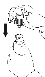Hands holding a syringe and a vial, with a black arrow indicating the direction of inserting the syringe needle into the vial opening