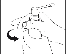 Hands holding a white inhaler or spray, with a black arrow indicating a rotating motion of the device counterclockwise