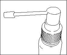 Schematic drawing of a white spray dispenser with a long nozzle, a cap on top, and a ribbed collar on the bottle