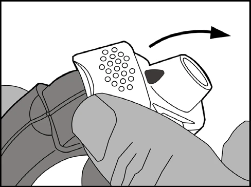 A hand holding an inhaler with a black arrow indicating turning the upper part of the device to the right to prepare it for use