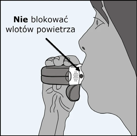 Side view of a person's face holding an inhaler, arrow pointing to the device's ventilation openings with a label indicating they must not be blocked
