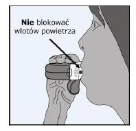 Profil twarzy osoby trzymającej inhalator przy ustach, czarna strzałka wskazuje na otwór wylotowy z napisem Nie blokować wlotów powietrza