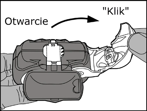 Hands opening the device mechanism marked with the word Open and an arrow leading to the sound Click, revealing internal structural components