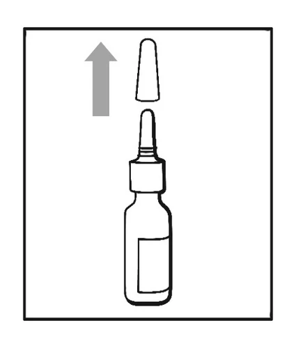 Istruzione schematica che mostra lo stacco o la rimozione della parte superiore del tappo da un flacone di medicinale, indicato da una freccia grigia rivolta verso l'alto