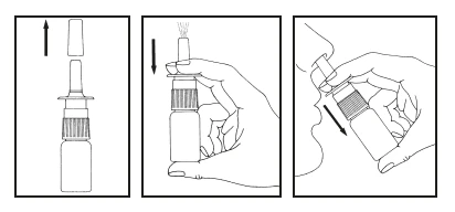 Three diagrams showing removal of the cap, placing the cap on the medication, and an example of using the inhaler at the patient's mouth