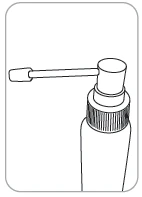 Dibujo que muestra la parte superior de un frasco con dosificador y una punta larga y estrecha del aplicador dirigida hacia la izquierda