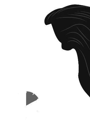 Silueta negra que recuerda una franja de cabello o una onda en la esquina superior derecha y un pequeño triángulo gris dirigido hacia la derecha sobre fondo blanco
