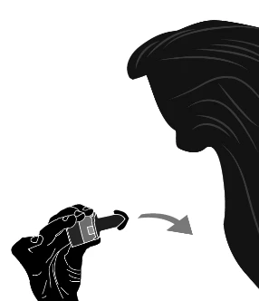 Silueta de una persona con la mano sosteniendo un pequeño recipiente con medicamento, dirigido hacia la cabeza, con una flecha curva indicando la dirección de la administración
