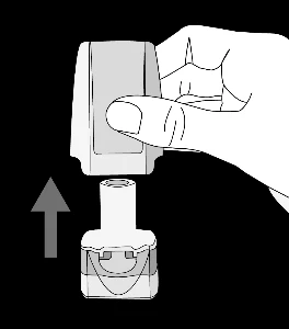 Mano sujetando la parte superior del dispositivo que debe deslizarse verticalmente hacia arriba, separándola de la parte inferior de la carcasa indicada por una flecha