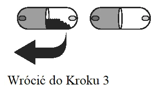 Two capsules, one filled with dark powder and the other empty, connected by a black arrow pointing left with the label 'Return to step 3'