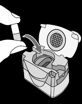 A hand holding a white container, inserting a gray component into it, indicated by a curved arrow showing direction of movement inside the device
