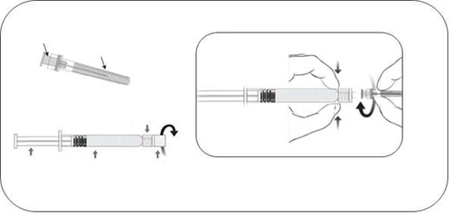 Diagram of the syringe usage instructions with two phases: needle preparation and the process of unscrewing the cap by the user's hand