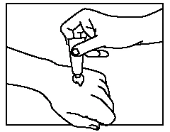 A hand holds a small applicator or injector and applies it vertically to the upper part of the other person's hand to administer medication
