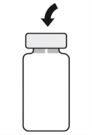 Una flecha negra apuntando hacia abajo indica el giro para colocar o retirar la tapa gris claro de un frasco de vidrio transparente de forma rectangular