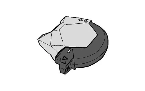 Elemento médico tridimensional gris de forma irregular con marcas negras de flechas y el número 1 en un componente más oscuro de la carcasa