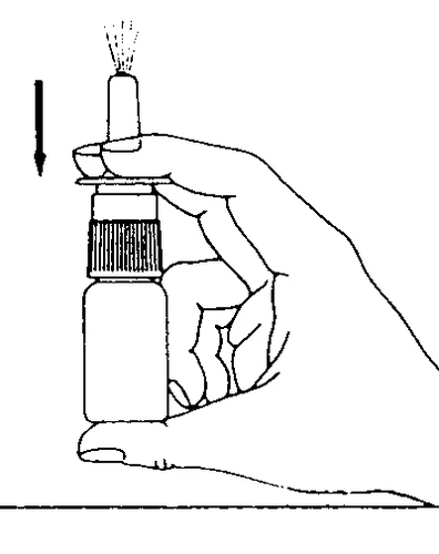 Hand holding a medication vial, with a downward-pointing arrow indicating a pressing or upward-sliding motion of a component on the vial
