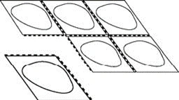 Schematic black-and-white illustration showing five rectangular tiles arranged irregularly, each containing an oval shape