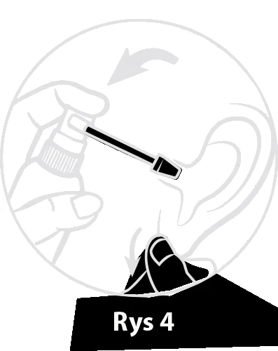 A hand holding a small package with an applicator being inserted into the ear canal of a human ear in a medical diagram
