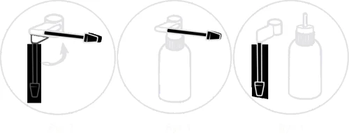 Three diagrams showing the process: unscrewing the tip, placing it onto the bottle, and the final connection of the component with the medication container