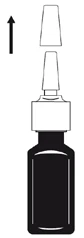 A black syringe with a cap and detachable tip, with a black arrow pointing vertically upward above it