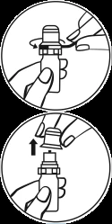 Two hands unscrewing the top part of a vial, then another hand lifting the removed cap upward, revealing the vial's opening