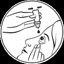 A hand holding a small bottle of eye drops positioned above an open eye, while the person uses the other hand to gently pull down the lower eyelid for medication application