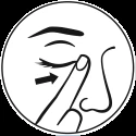 A schematic black-and-white illustration showing an index finger touching the corner of the eye beneath the closed eyelid, indicated by a black arrow