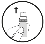 A hand holding a medication vial pointing upward, with a black arrow indicating an upward motion inside a circle