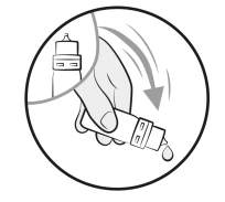 A hand holding a medication bottle tilted downward to dispense a drop of liquid, illustrating the dosing process