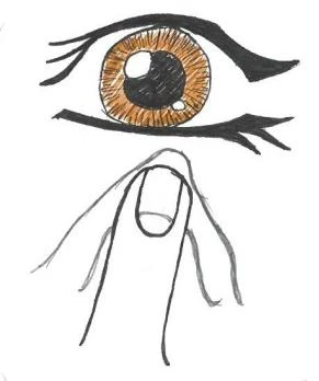 Illustration showing a brown eye with long eyelashes and a hand with the index finger pointing toward the eye in a gesture of bringing something close to it