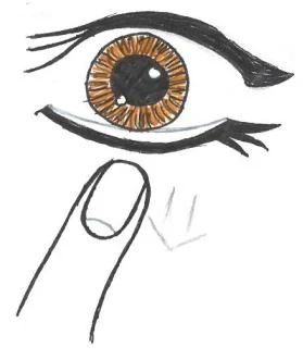 Illustration showing a human eye with a brown iris and long eyelashes, and a hand with the index finger pointing toward the eye