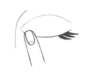 Illustration showing a close-up of a human eye with long eyelashes and an index finger touching the lower eyelid beneath the eye