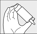 Left hand holding a white bottle with a pipette vertically, preparing to dispense medication in a medical instruction manual