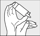 Two hands holding a white bottle with a pipette, one hand supporting the bottom of the container and the other stabilizing it from above for medication dosing