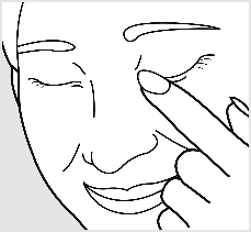 Illustration showing a close-up of a person's face with closed eyes, whose index finger is touching the lower eyelid of the left eye