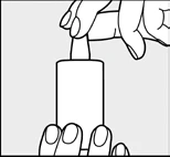 Hand holding the upper part of a medical device, while the other hand stabilizes its lower part in a vertical position