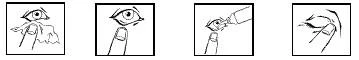 Four illustrations showing instructions for using eye drops: pulling down the eyelid, looking upward, administering the drops, and blinking after application