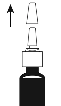 A black upward-pointing arrow indicating the direction of removing the plastic cap from the top of the medication vial