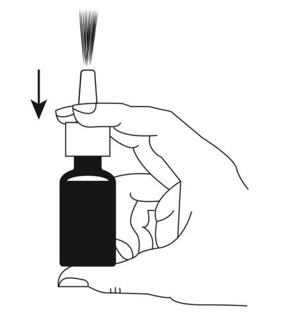 A hand holding a dark bottle with a dispenser, a downward-pointing arrow indicating the pressing motion of the upper part of the packaging