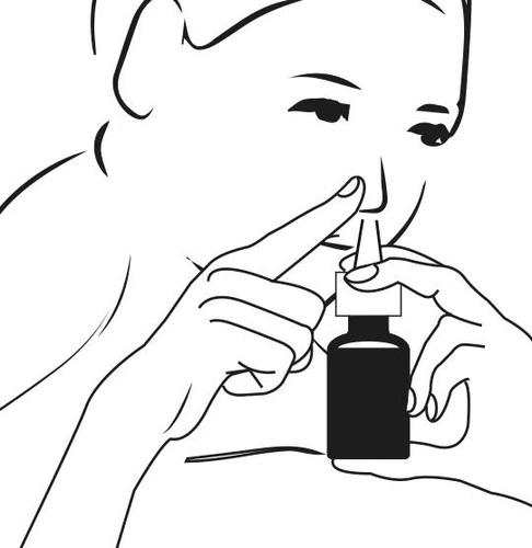 A black-and-white line drawing showing a person holding a nasal spray bottle and administering the medication into one nostril with the index finger