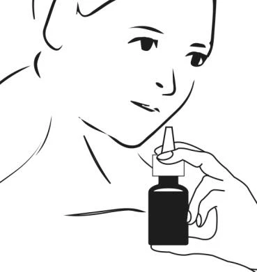 A black-and-white line drawing of a woman's face and shoulders, holding a small nasal spray bottle close to her face