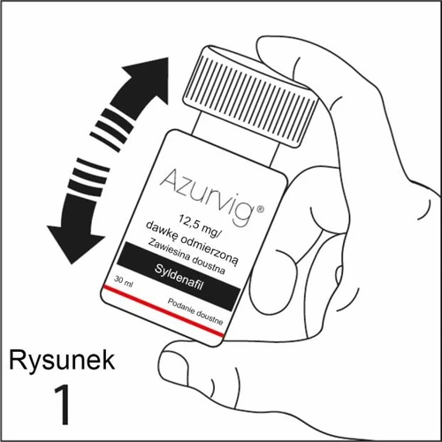 Dłoń trzymająca buteleczkę leku Azurvig 12,5 mg z syldenafilem, z czarną strzałką wskazującą ruch obrotowy nakrętki w celu jej odkręcenia