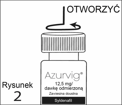 Schematyczna instrukcja otwierania butelki z lekiem Azurvig 12,5 mg zawierającym syldenafil, przedstawiająca zakrętkę z czarną strzałką obrotu i napisem OTWORZYĆ