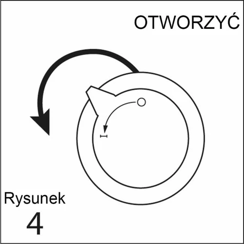 Czarna strzałka wskazująca kierunek obrotu w lewo nad okrągłym elementem urządzenia z napisem OTWORZYĆ oraz numerem rysunku 4