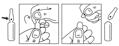 Diagram showing the process of unscrewing and removing the top part of the medication ampoule by rotating the cap and pulling upwards