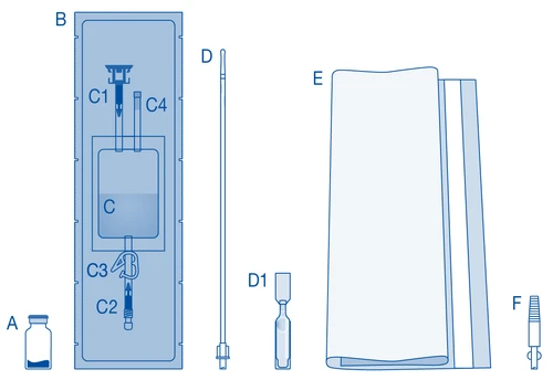 Schema medico che mostra una fiala A, un set con ago e porta C1-C4, un ago lungo D con estremità D1, una protezione E e un elemento F su sfondo chiaro